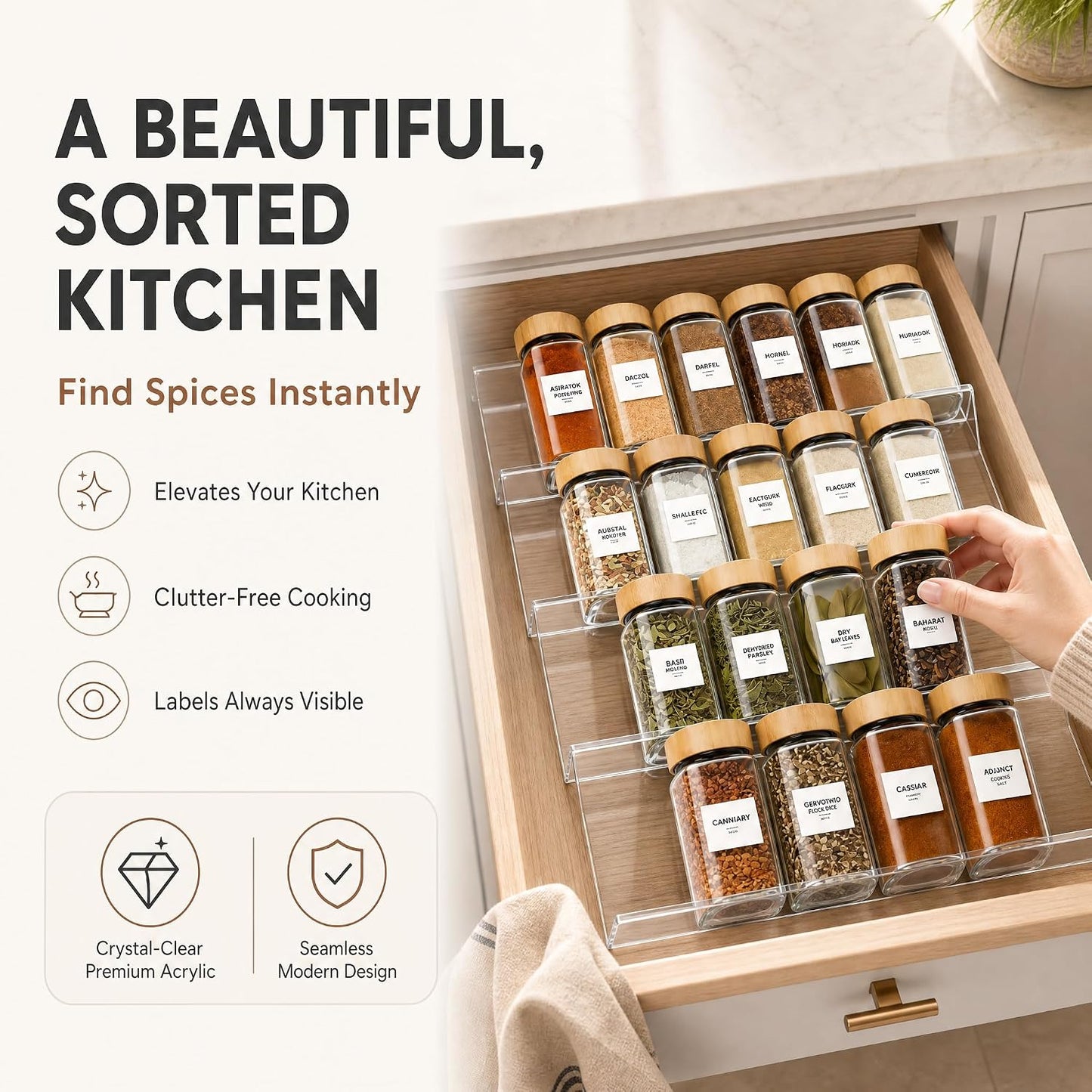 Acrylic Spice Drawer Organizer 4 PK, Expandable 13"-26" Acrylic Spice Rack for Drawer Seasoning Organizer Tray, Shelf Stackable 4-Tier Herb Jar Rack Insert for Kitchen Cabinet, Herb Jars Not Included
