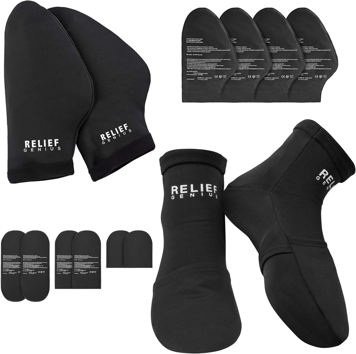 Relief Genius Cold Therapy Socks with Reusable Gel ice Packs - Achieve Relief from Sprains, Muscle Pain, Bruises, Swelling, Edema, Chemotherapy, Arthritis, Post Partum Foot (Black, Large)