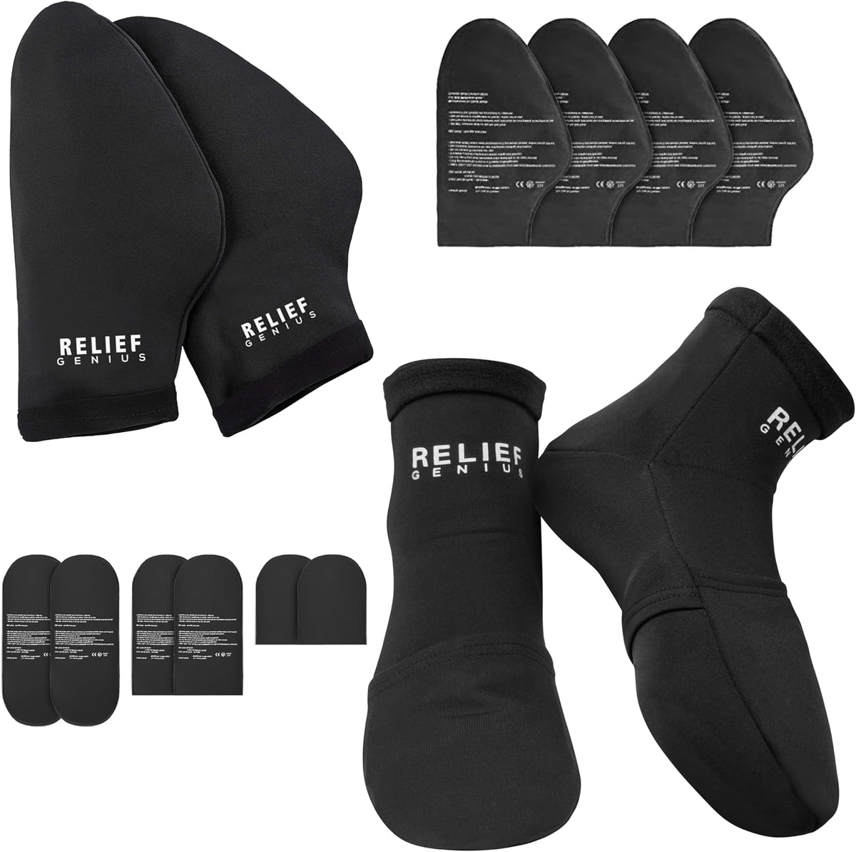 Relief Genius Cold Therapy Socks with Reusable Gel ice Packs - Achieve Relief from Sprains, Muscle Pain, Bruises, Swelling, Edema, Chemotherapy, Arthritis, Post Partum Foot (Black, Large)