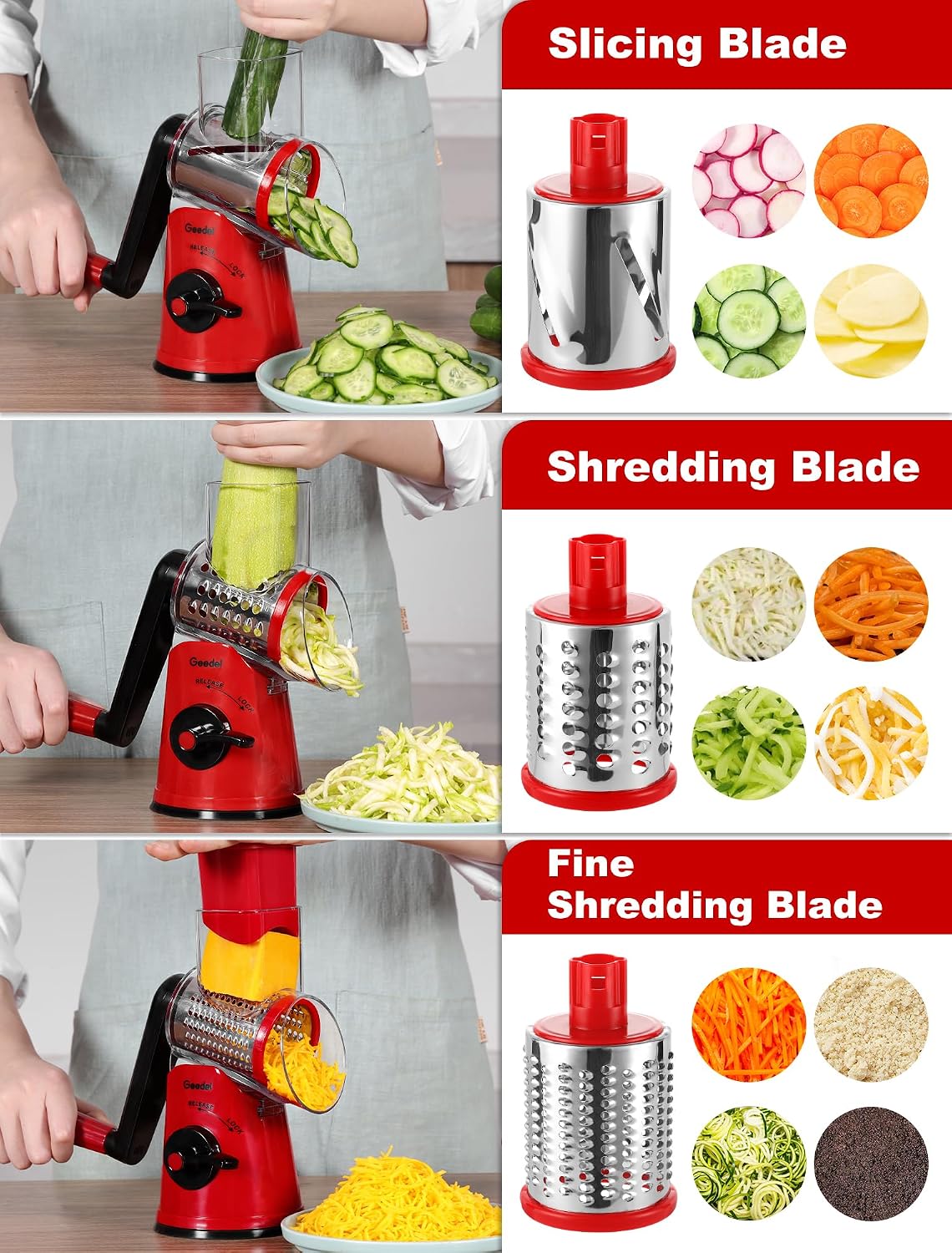 Geedel Rotary Cheese Grater, Kitchen Mandoline Vegetable Slicer with 3 Interchangeable Blades, Easy to Clean Rotary Grater Slicer for Fruit, Vegetables, Nuts | 3 Blades, 430 Stainless Steel, 12x Fast Cutting, Strong Suction Base, No BPA, Dishwasher Safe,