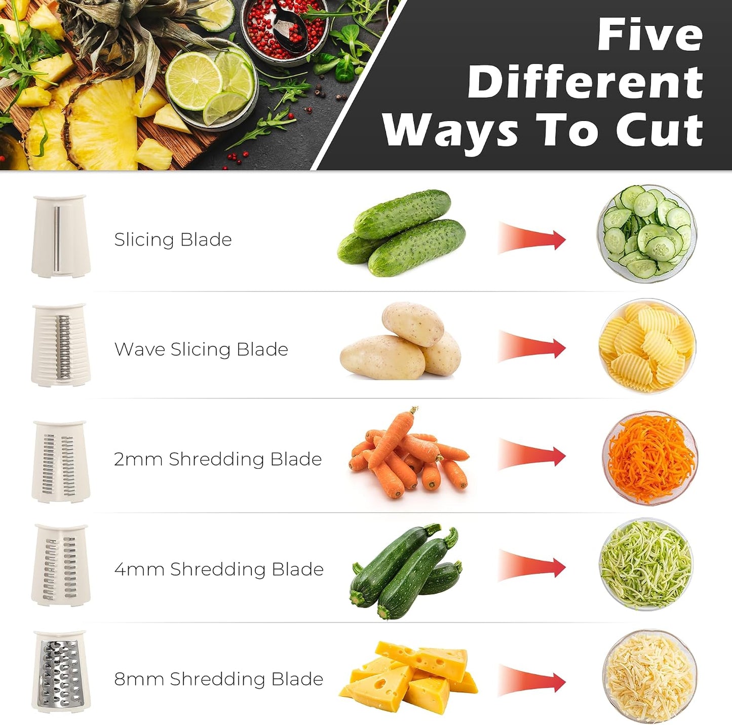 Rotary Cheese Grater Manual Hand Crank with 5 Blades & Suction Base, Kitchen Vegetable Shredder Slicer for Veggie, Nuts, Fruit, Cream