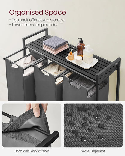 VASAGLE Laundry Hamper, Laundry Basket Sorter with 3 Pull-Out and Removable Bags, Shelf, Metal Frame, 3 x 10.6 Gallons (40 L), 36.4 x 13 x 28.4 Inches, Cappuccino Beige and Natural Beige UBLH301LH01
