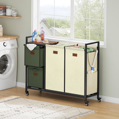 Hoctieon 4 Section Laundry Cart, 52.8 Gal. (200L) Laundry Hamper with Lid, Laundry Basket with Wheels, Rolling Laundry Sorter Organizer with Shelf, Clothes Separator with Removable Bags, Black