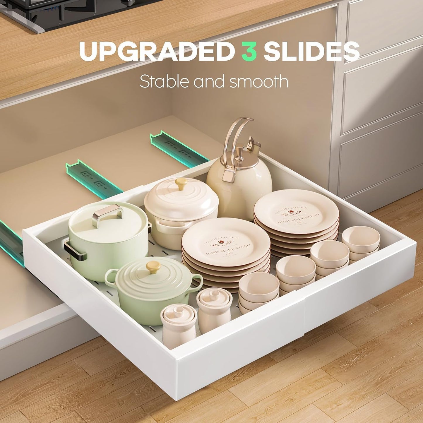 Seinloes 2Pack Pull out Cabinet Organizer 21"Deep with 4 Adjustable Dividers,Expandable（12.1"-20.4"W） Pots and Pans Organizer Under Cabinet with Raising Pad for Framed Cabinets,Slide out Drawers,White