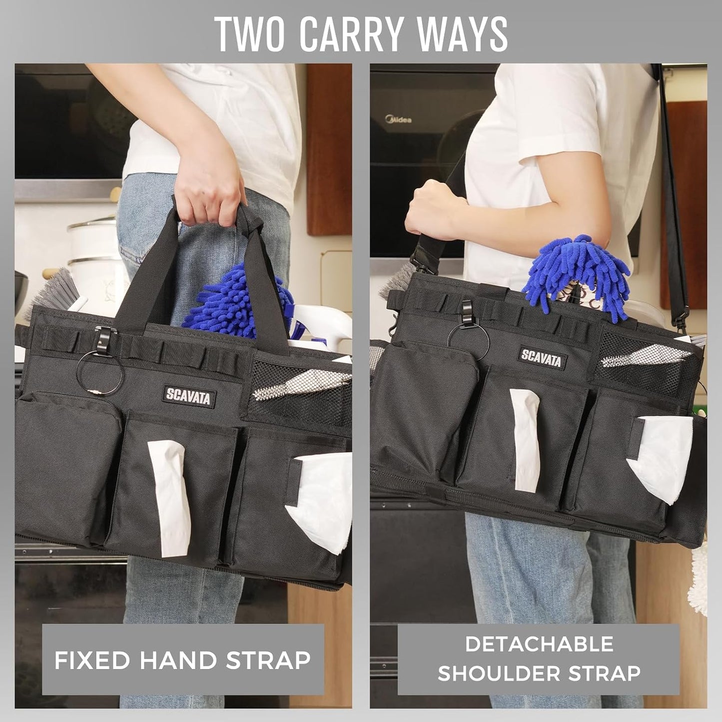 SCAVATA Wearable Cleaning Caddy Bag, Cleaning Caddy Supplies Organizer with Handle & Shoulder Straps for Housekeepers, Under Sink & Car Cleaning Tool Organizers with 4 Foldable Divider (Lake Blue)