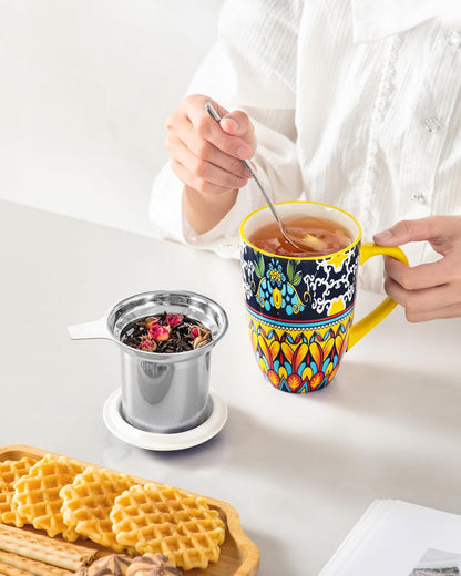 vancasso 18 Oz Tea Infuser Mug with Lid, Mint Petal Whirl | Eye catching Bohemian pattern, adds charm to any tea corner, ceramic mug with infuser, microwave and dishwasher safe