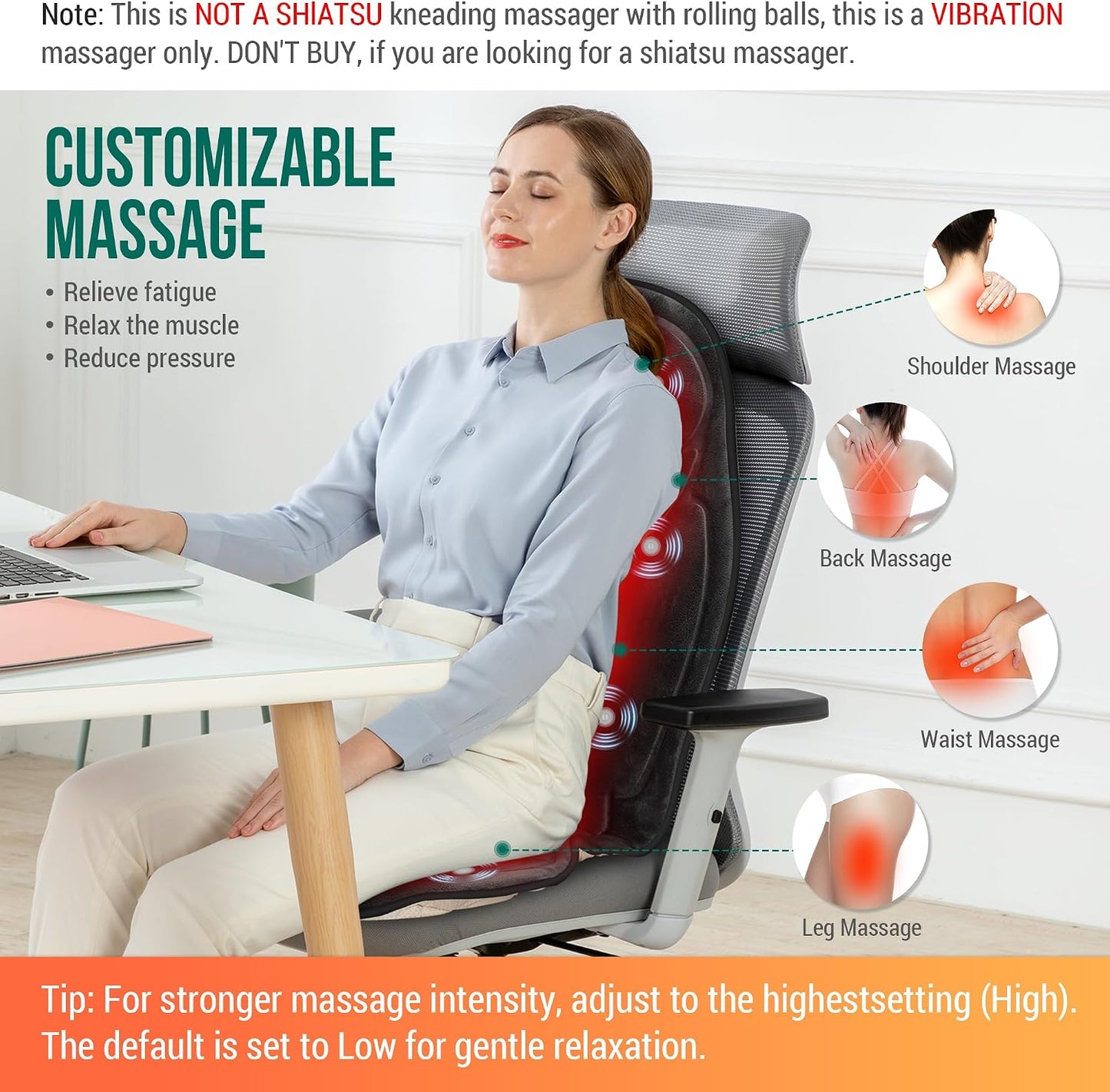 Snailax Vibration Massage Seat Cushion with Heat, 6 Vibration Motors, 6 Massage Modes, Heated Massage Chair Pad for Office Chair, Home Recliner & Desk Chair, Back & Seat Massager with Remote