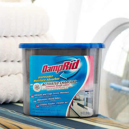 DampRid Fragrance Free Disposable Moisture Absorber & Odor Remover with Activated Charcoal, 18 oz., 3 Pack, Lasts Up To 60 Days, No Electricity Required