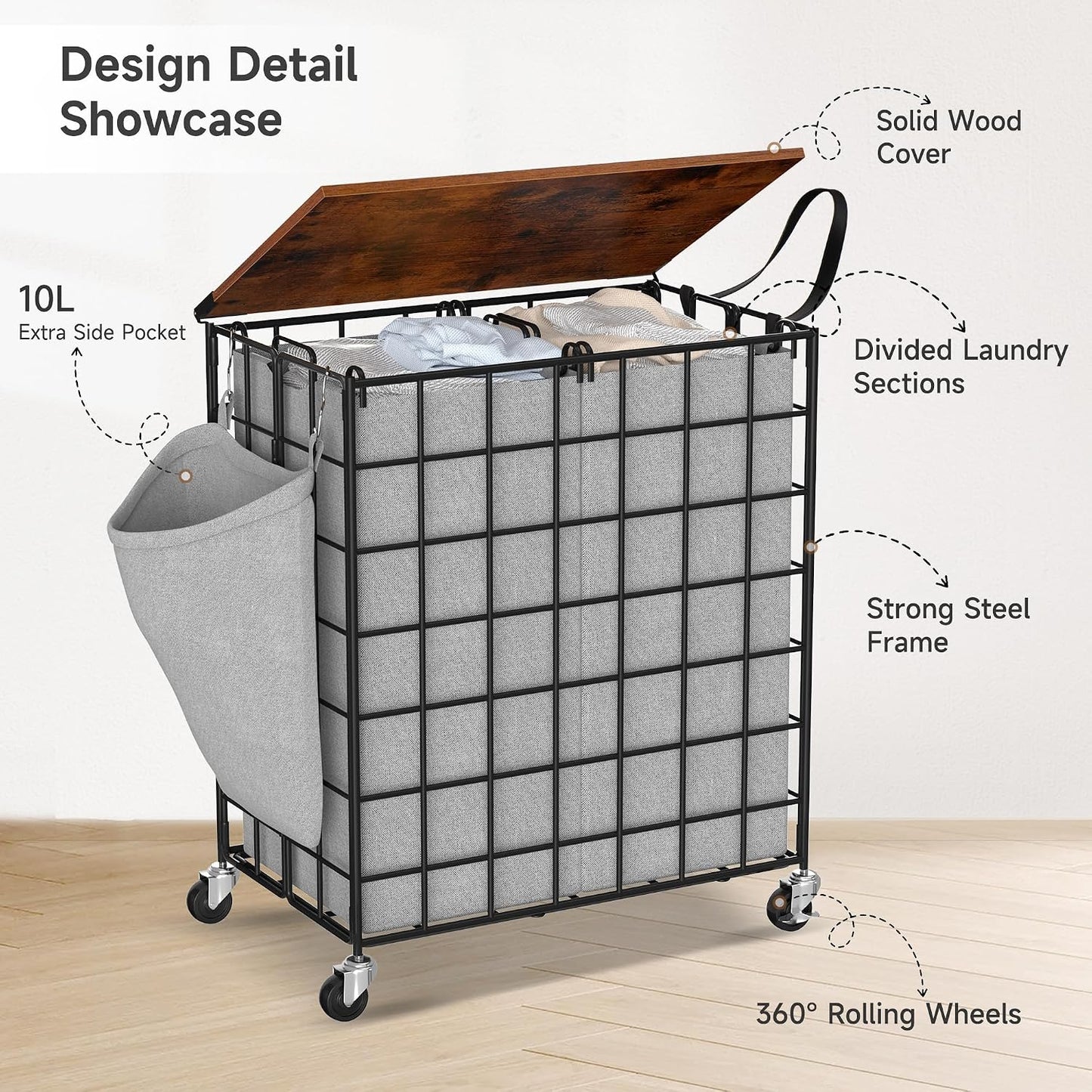 90L Laundry Basket with Wheels, Large Capacity Laundry Hamper with Removable Liner Bags, Heavy Duty Laundry Sorter with Solid Wood Lid & Leather Handles, Grey