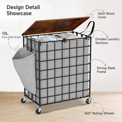 90L Laundry Basket with Wheels, Large Capacity Laundry Hamper with Removable Liner Bags, Heavy Duty Laundry Sorter with Solid Wood Lid & Leather Handles, Grey