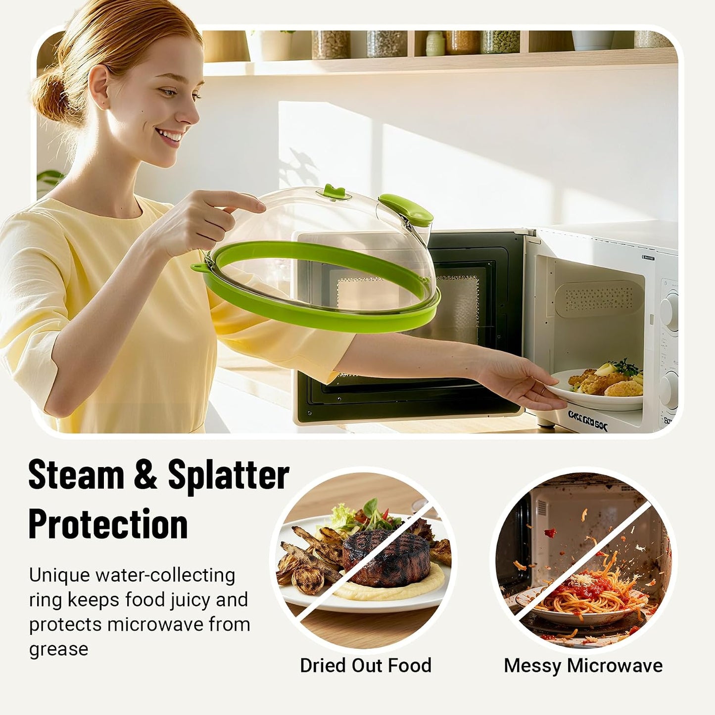Microwave Splatter Cover with Water Steamer, 10 Inch, Integrated Handle | Upgraded Microwave Food Cover with Built-In Water Reservoir and Steam Vents to Help Prevent Splashes and Keep Food Moist
