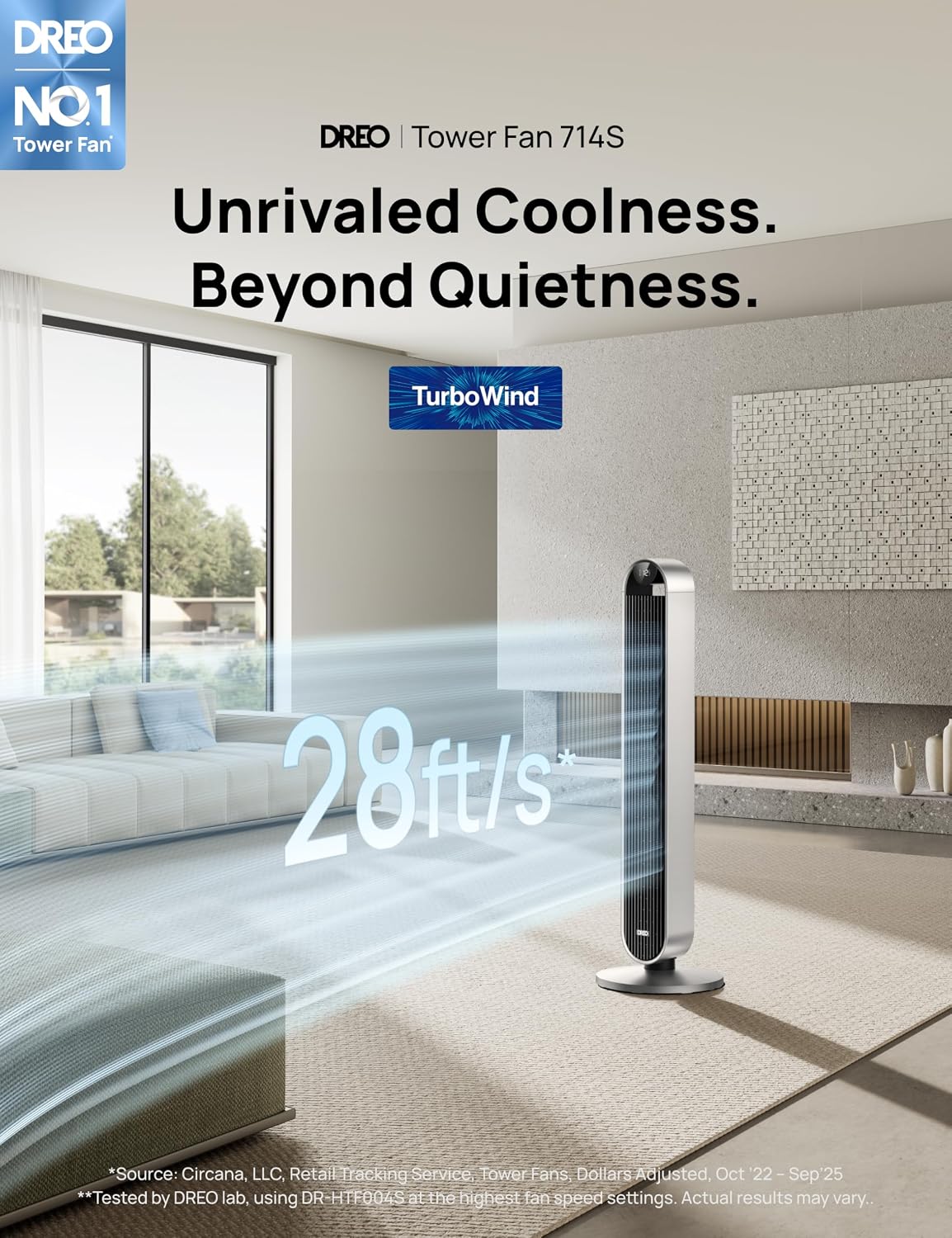DREO Smart Tower Fan for Bedroom, 120° Oscillating Fan, 20dB Quiet DC Motor | 28ft/s Airflow, 12 Speeds, 4 Modes Bladeless Standing Fan, 12H Timer Cooling Fan for Home, Living Room, App & Alexa Control