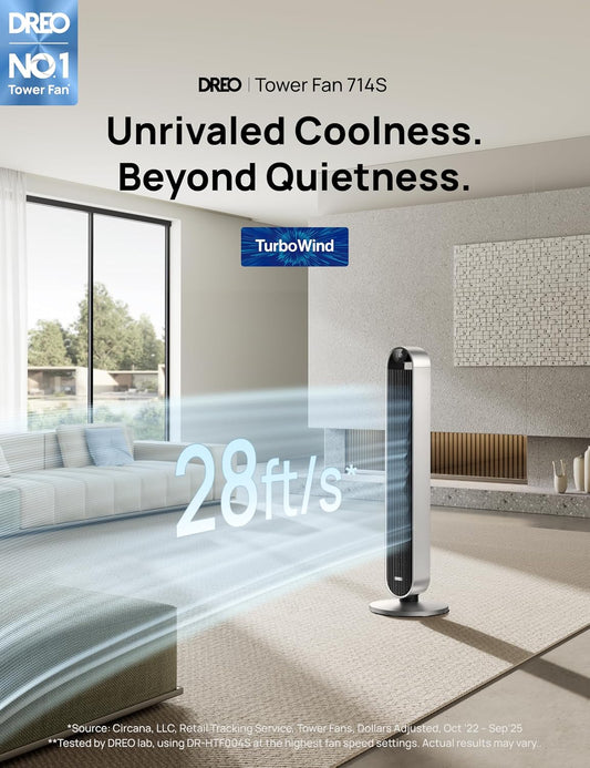 DREO Smart Tower Fan for Bedroom, 120° Oscillating Fan, 20dB Quiet DC Motor | 28ft/s Airflow, 12 Speeds, 4 Modes Bladeless Standing Fan, 12H Timer Cooling Fan for Home, Living Room, App & Alexa Control
