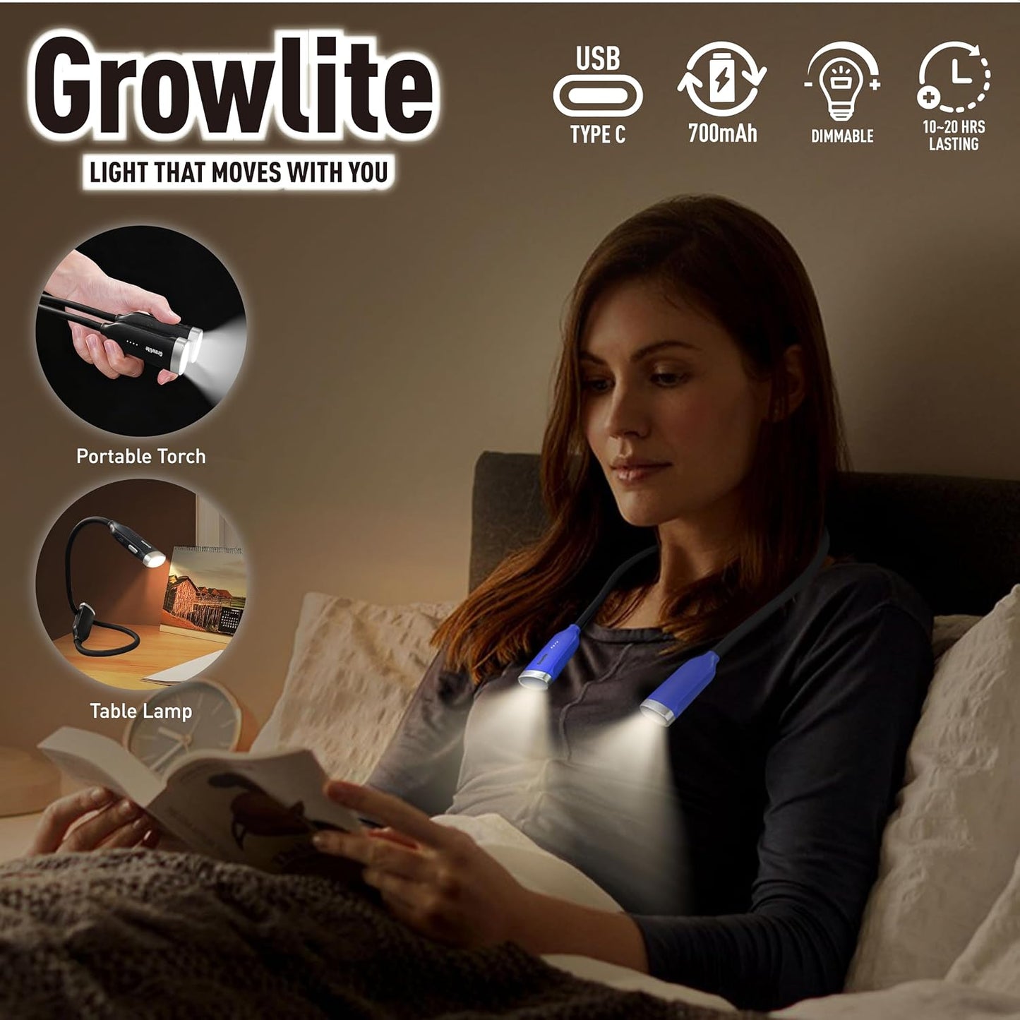Neck Reading Light, 3 Color & Brightness Adjustable Book Light for Reading in Bed, Hands-Free, Lightweight, USB C Rechargeable, Eye-Caring, Perfect for Crafts, Camping, Kids & Adults (white)