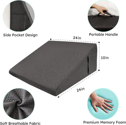 Bedluxe Wedge Pillow, 10 inch Bed Wedge Pillow for Headboard, Pillow Wedge for Acid Reflux Relief, Sleeping, Back Pain Relief, Snoring, Triangle Pillow Wedge, White/Grey
