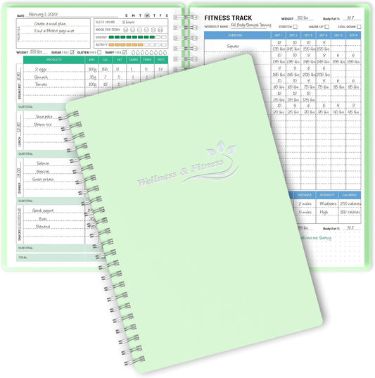 Wellness Planner & Fitness Log - Daily Diet & Health Journal with Weight Loss, Wellness Journal Notebook for Tracking Fitness, Sleep, Nutrition, Meal, Habits, A5(5.8 x 8.6 inch) (Green)