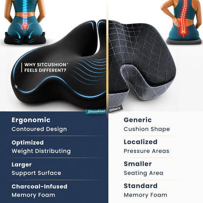 SitCushion Extra Large Memory Foam Seat Cushions for Office Chairs, Pressure Relief Seat Cushion for Tailbone Pain Relief, Sciatica & Back Pain, Ergonomic Office Chair Cushion for Long Sitting (Black)