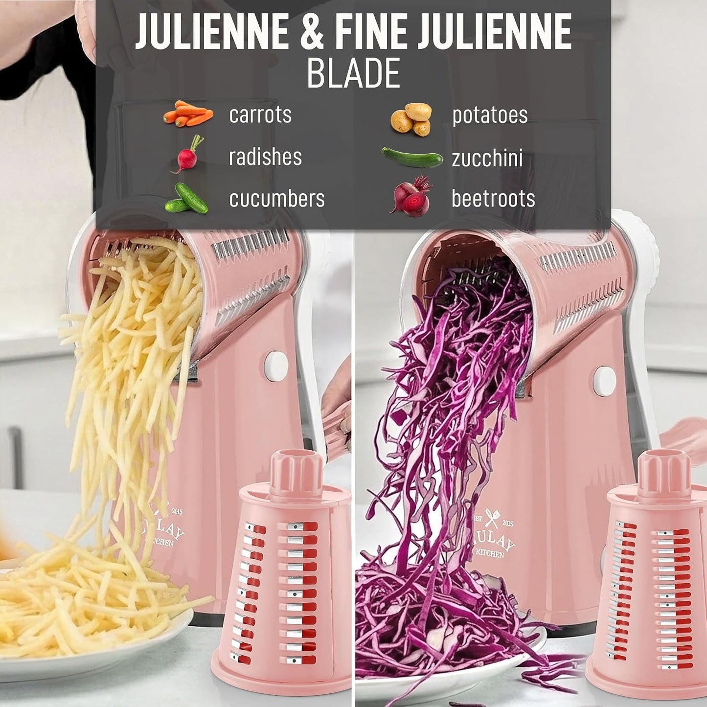 Zulay Kitchen Rotary Cheese Grater 5 Blade Cheese Shredder - Manual Hand Crank Cheese Grater With Reinforced Suction & 5 Interchangeable Drums - Easy to Use, Vegetable Chopper Round Mandoline Slicer - Colors B