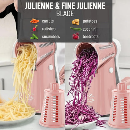 Zulay Kitchen Rotary Cheese Grater 5 Blade Cheese Shredder - Manual Hand Crank Cheese Grater With Reinforced Suction & 5 Interchangeable Drums - Easy to Use, Vegetable Chopper Round Mandoline Slicer - Colors B