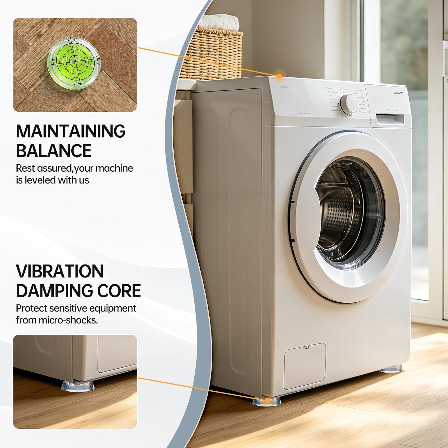 Anti Vibration Pads for Washing Machine, 4Pcs | Clear silicone pads absorb shock, reduce noise, and stop washer movement. Fits dryers, pedestals, and furniture.