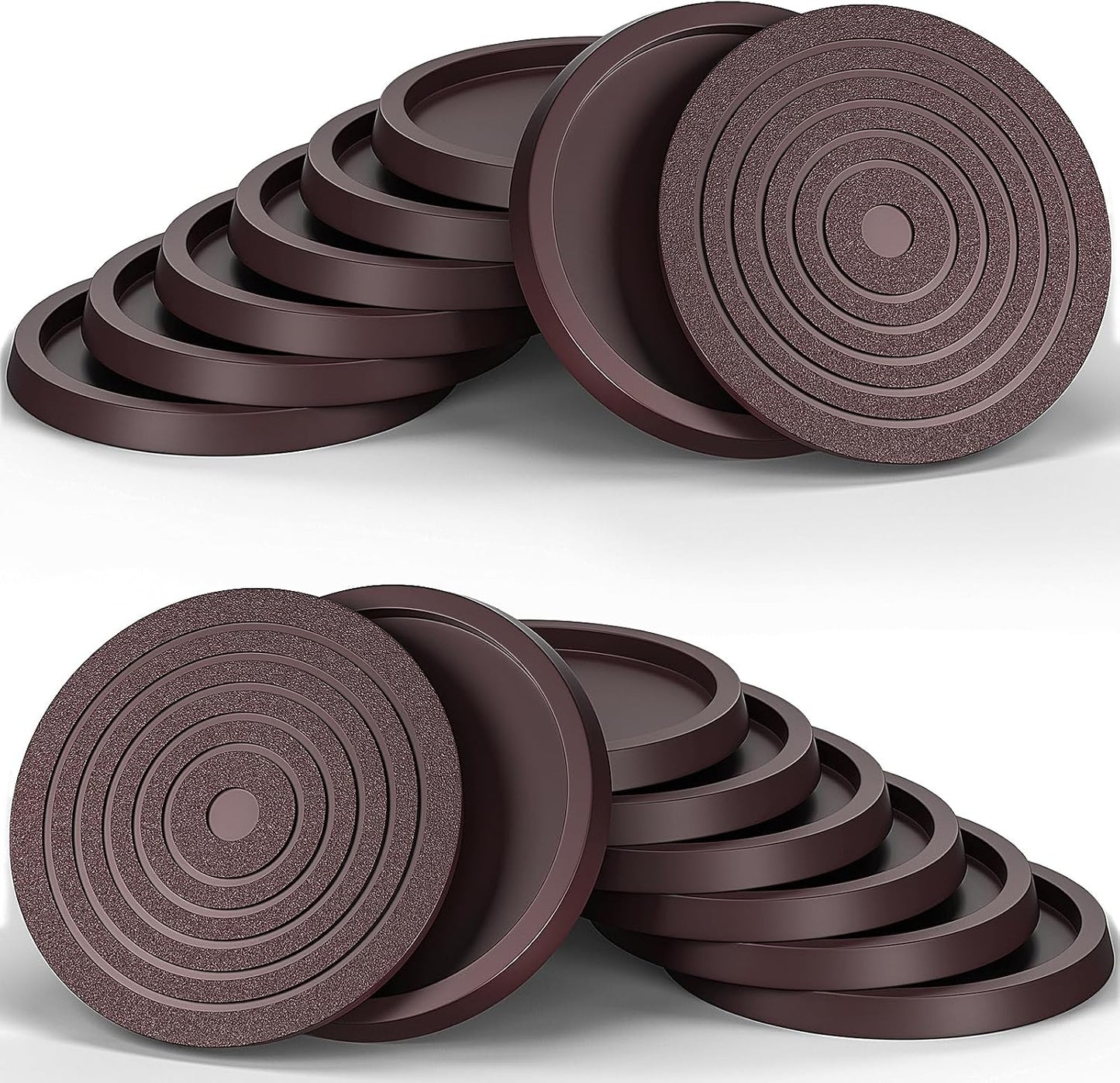 12Pcs 2.5in Furniture Coasters Non-Slip Bed Leg Pads Round Rubber Anti Sliding Caster Cups for Hardwood Floors Brown