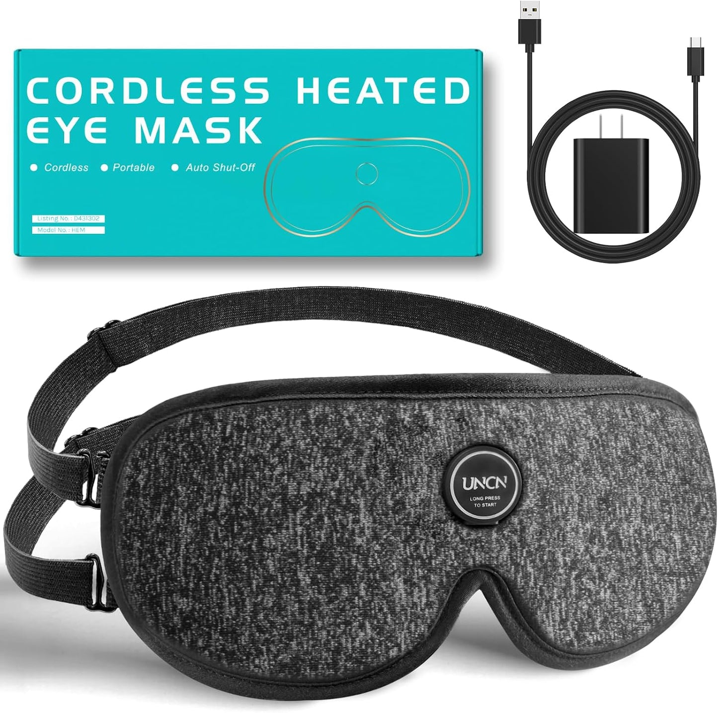 UNCN Heated Eye Mask for Dry Eyes Cordless Rechargeable 4 Temp Settings | 2500mAh cordless 4 temp settings 85-155°F 4 auto timers 20-50min off block light adjustable washable cotton cover