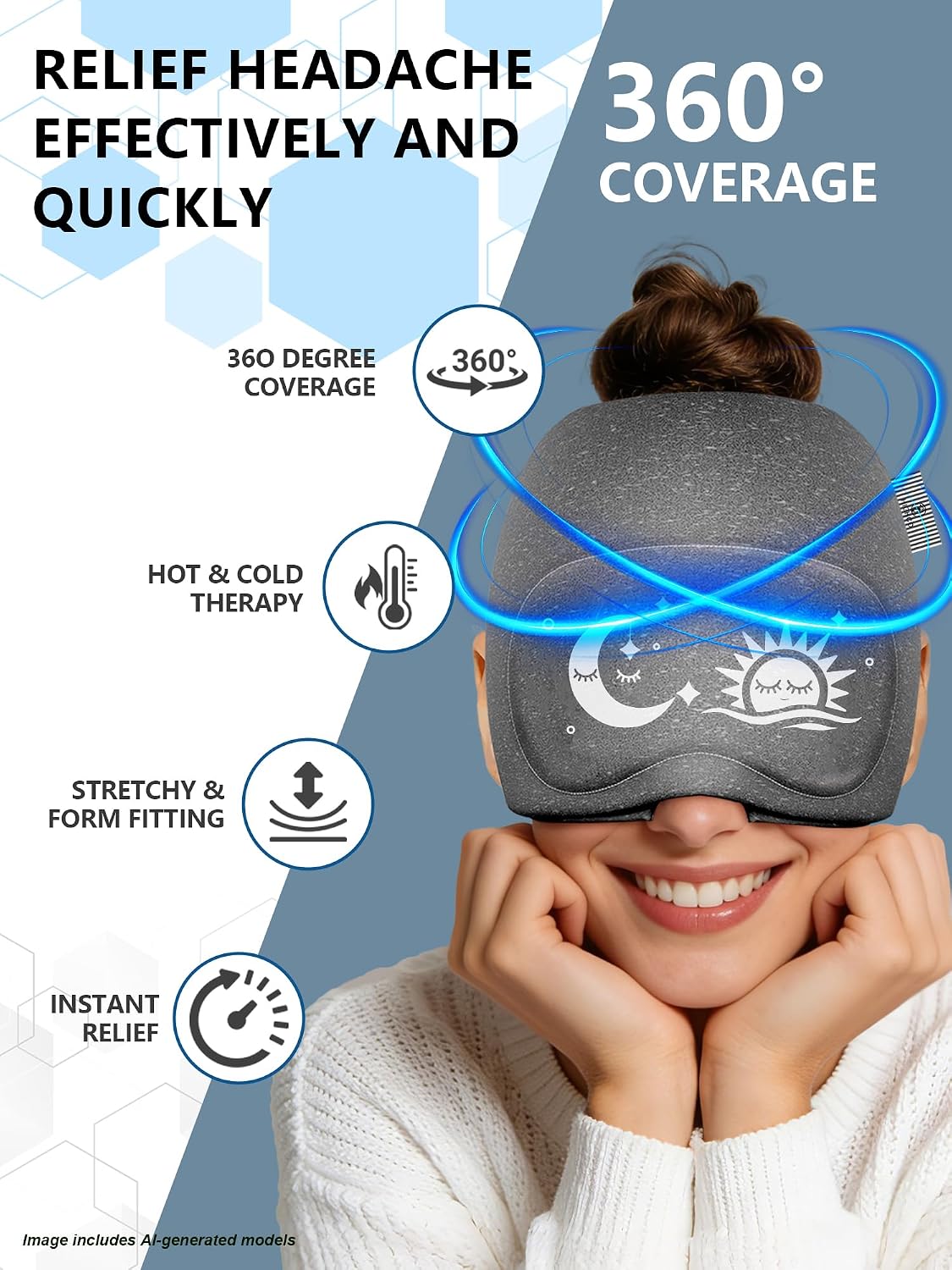 Migraine Relief Cap with Flip-up Eye Mask for Headache & Stress Relief | Headache Relief Hat for Hangover, Tension-Cold Compress Head Wrap