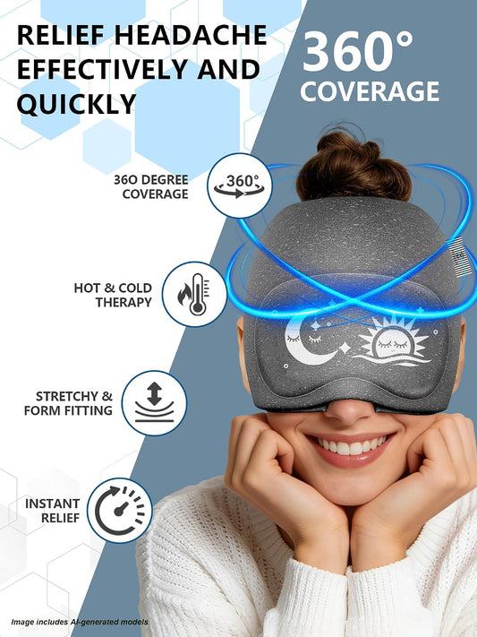Migraine Relief Cap with Flip-up Eye Mask for Headache & Stress Relief | Headache Relief Hat for Hangover, Tension-Cold Compress Head Wrap