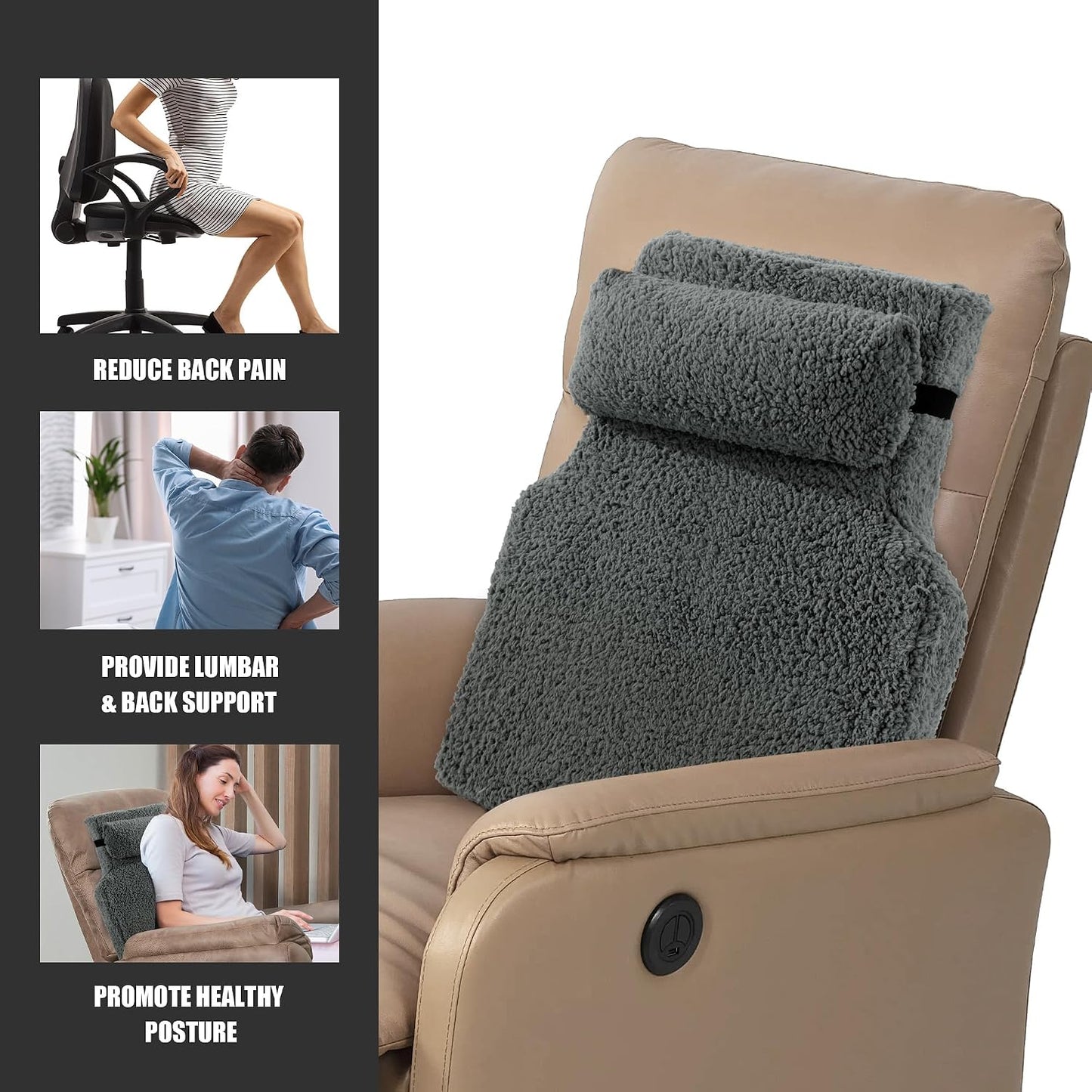 MABOZOO 2 Piece Sherpa Fleece Lumbar Support Pillow for Recliner Chair, Memory Foam Lumbar Pillow with Headrest for Back Pain Relief, Back Support Cushion for Office Chair（Grey）