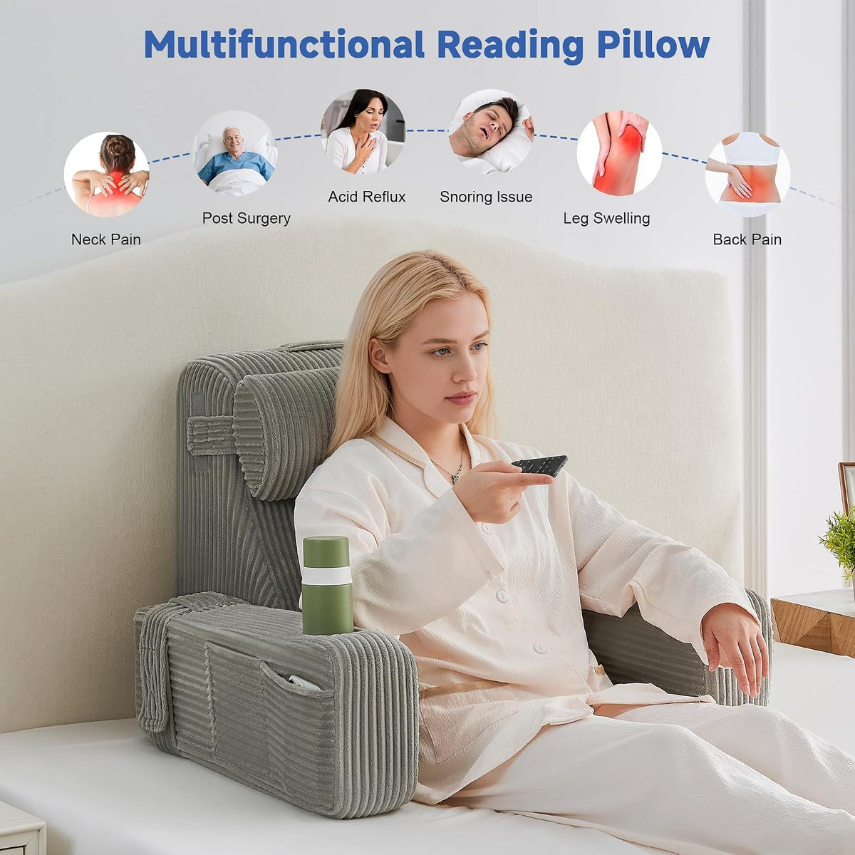 Reading Pillow for Sitting in Bed Adult, Back Pillow for Bed Sitting up with Arms, Pockets and Cup holder, Sit Up Backrest Pillows for Beds Chair Support, Rest Pillow for Gaming (Light gray)