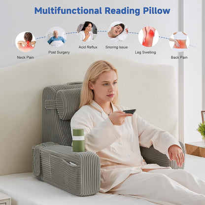 Reading Pillow for Sitting in Bed Adult, Back Pillow for Bed Sitting up with Arms, Pockets and Cup holder, Sit Up Backrest Pillows for Beds Chair Support, Rest Pillow for Gaming (Light gray)