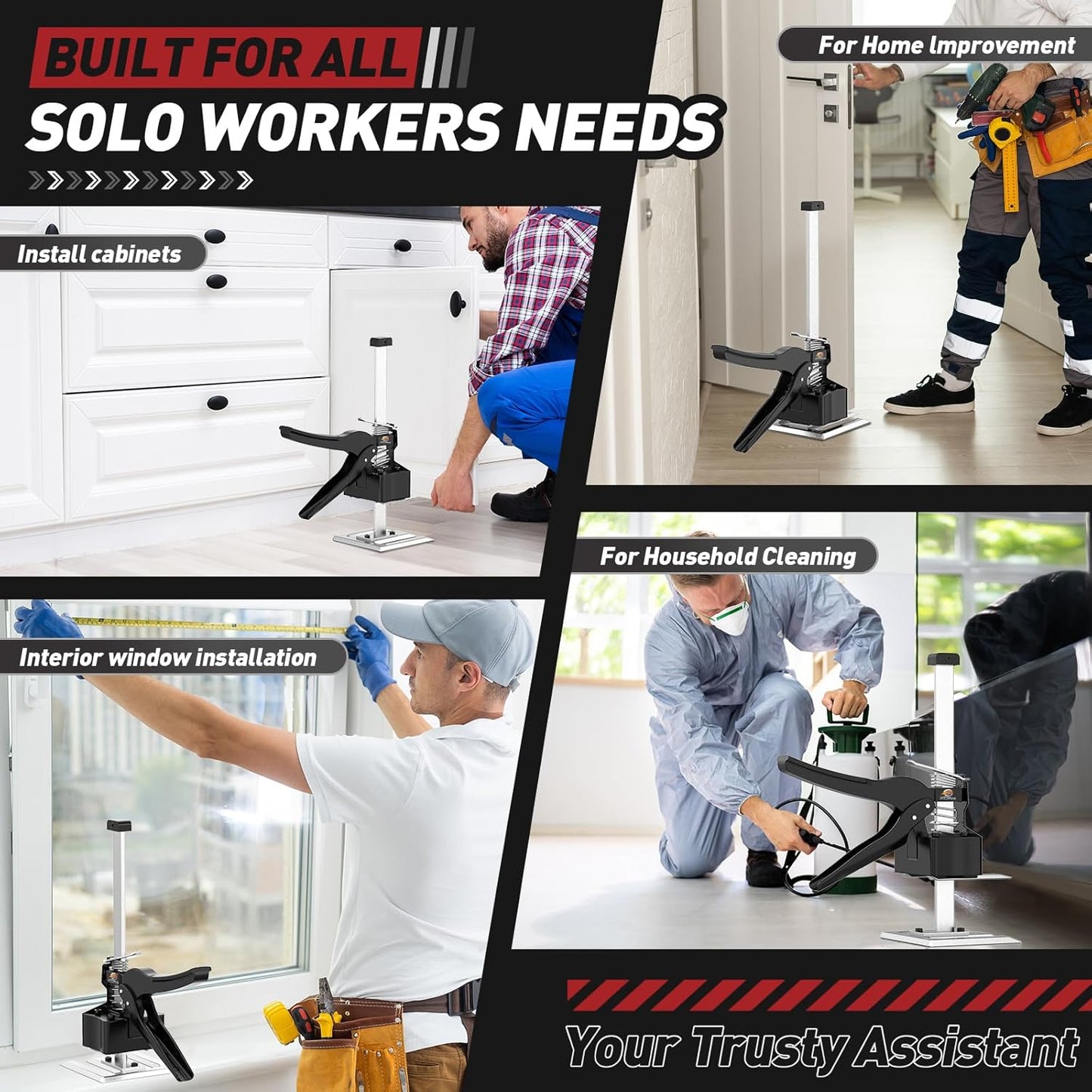 XClifes Labor Saving Arm Jack, 2 Pack Furniture Lifter Tool, Black | Multifunctional jack lifts up to 6.69" with 450 lbs capacity for cabinets, doors, windows & wall tile leveling.