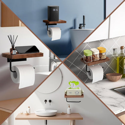 Toilet Paper Holder Walnut Wood Shelf - Wall Mount & Self-Adhesive | Bathroom Tissue Holder, Black Stainless Steel with Walnut Shelf for Phone - Home Apartment Restroom Decor Essentials