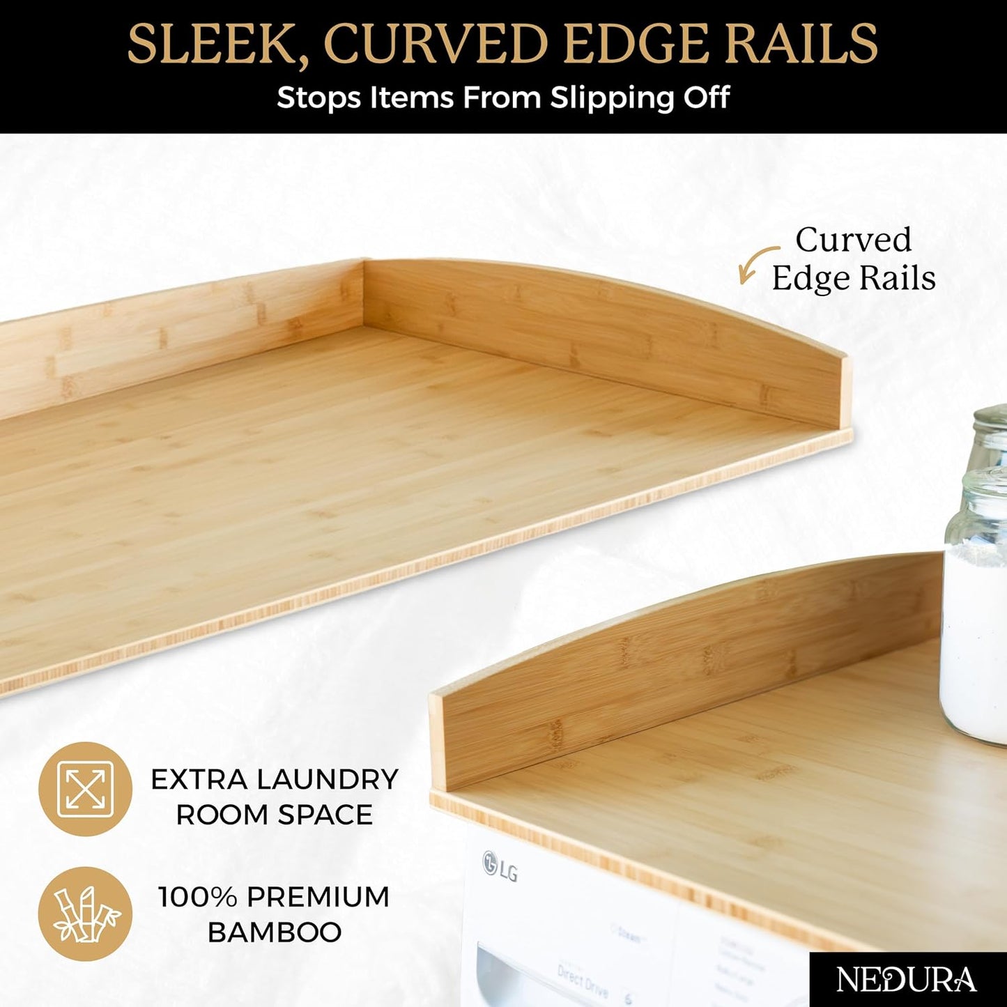 Nedura Washer Dryer Countertop with Anti-Vibration Pads, Curved Edge Rails, Premium Bamboo Laundry Countertop, Washer Dryer Topper, Laundry Room Organization, Laundry Room Accessory – Dark Walnut