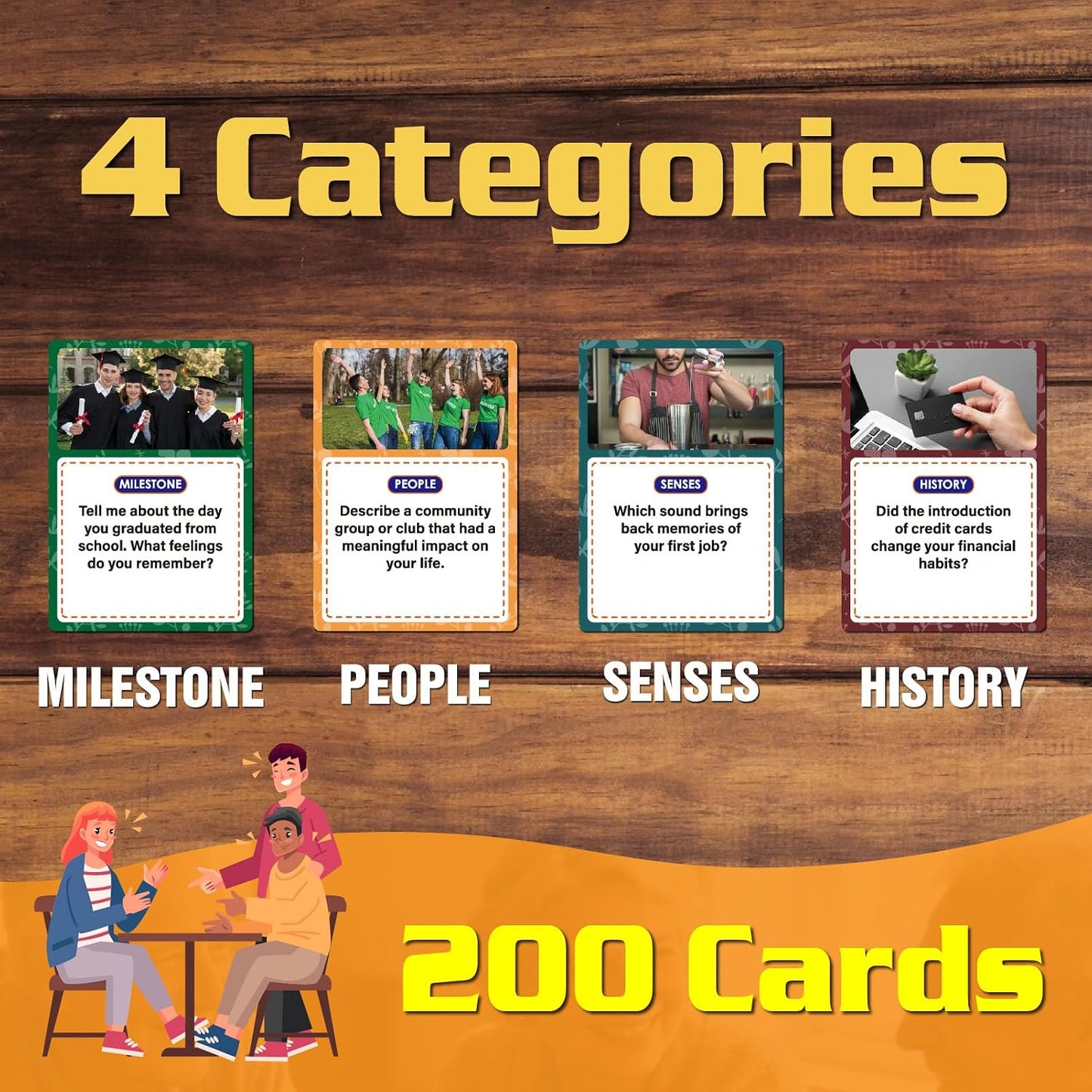 Golden Years Memories Card Game, 200 Conversation Cards for Seniors, Alzheimer Reminiscence Therapy Activities, Memory and Dementia Support (Large Font, 3.5" X 5")