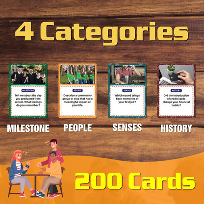 Golden Years Memories Card Game, 200 Conversation Cards for Seniors, Alzheimer Reminiscence Therapy Activities, Memory and Dementia Support (Large Font, 3.5" X 5")