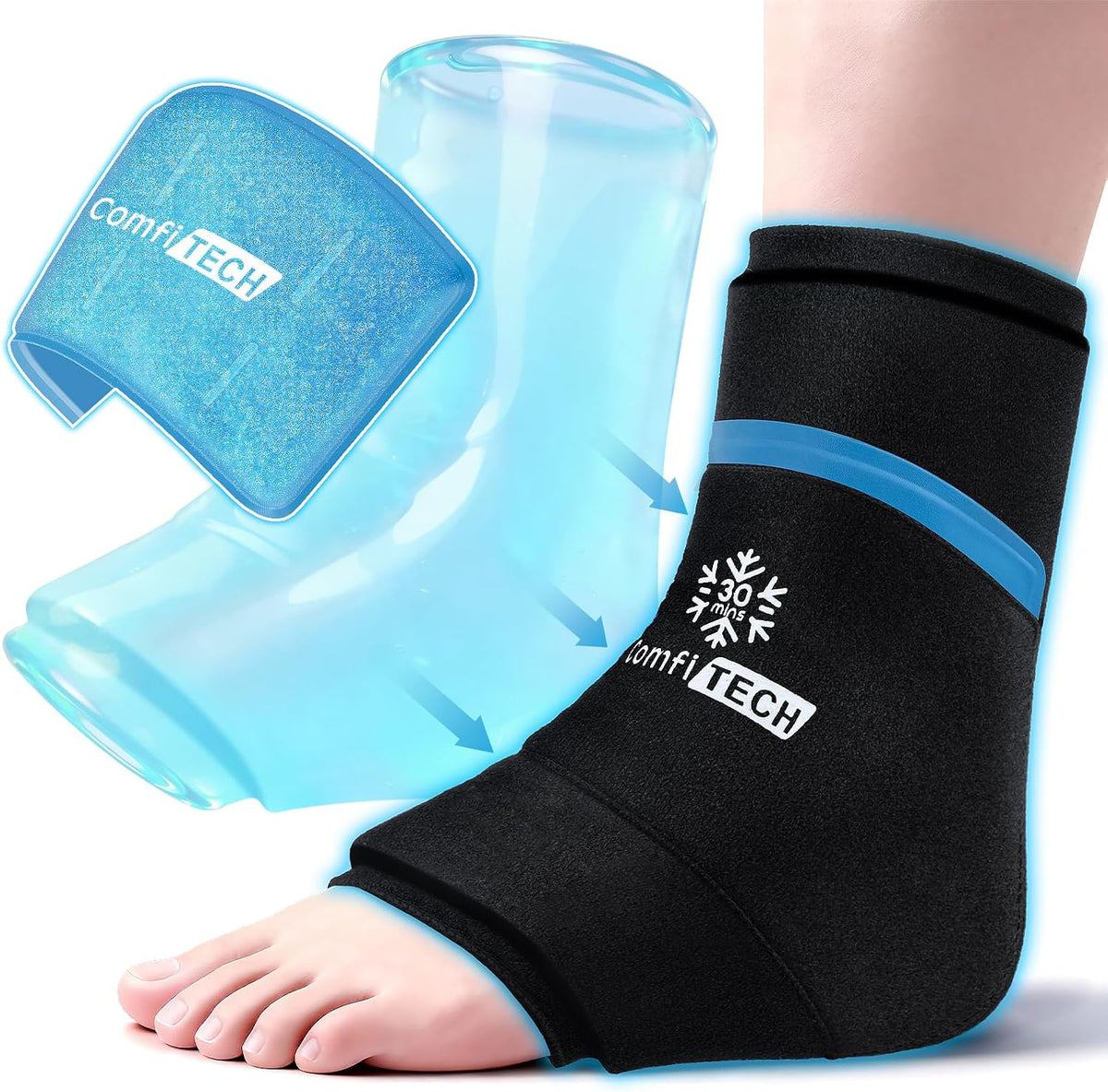 ComfiTECH Dual-Gel Ankle Foot Ice Pack Wrap with 30-Min Cooling, Small