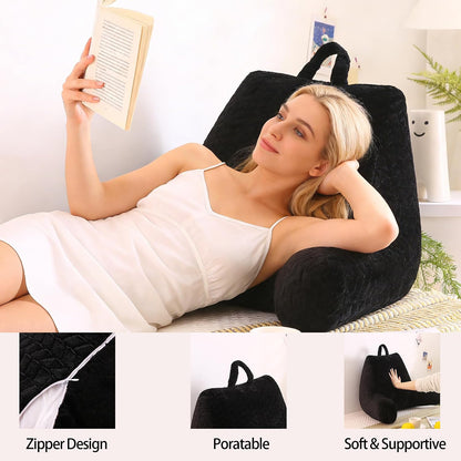 Black Bed Reading Pillow for Adults, Memory Foam Backrest Pillow with Armrests for Sitting Up in Bed, Back & Arm Support, Removable Washable Pillowcase for Sofa Seats