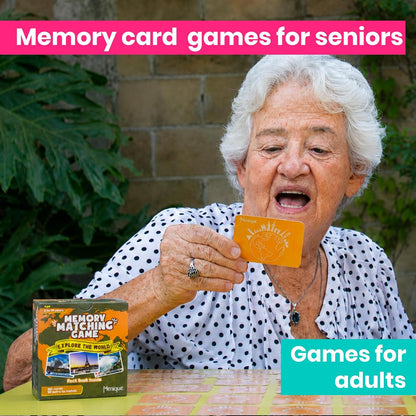 Menique Explore the World Memory Matching Game – Geography Game with 100 Photo Cards, 50 Countries, Flags & Landmarks – Travel Card Game with Educational Booklet, Ages 3+