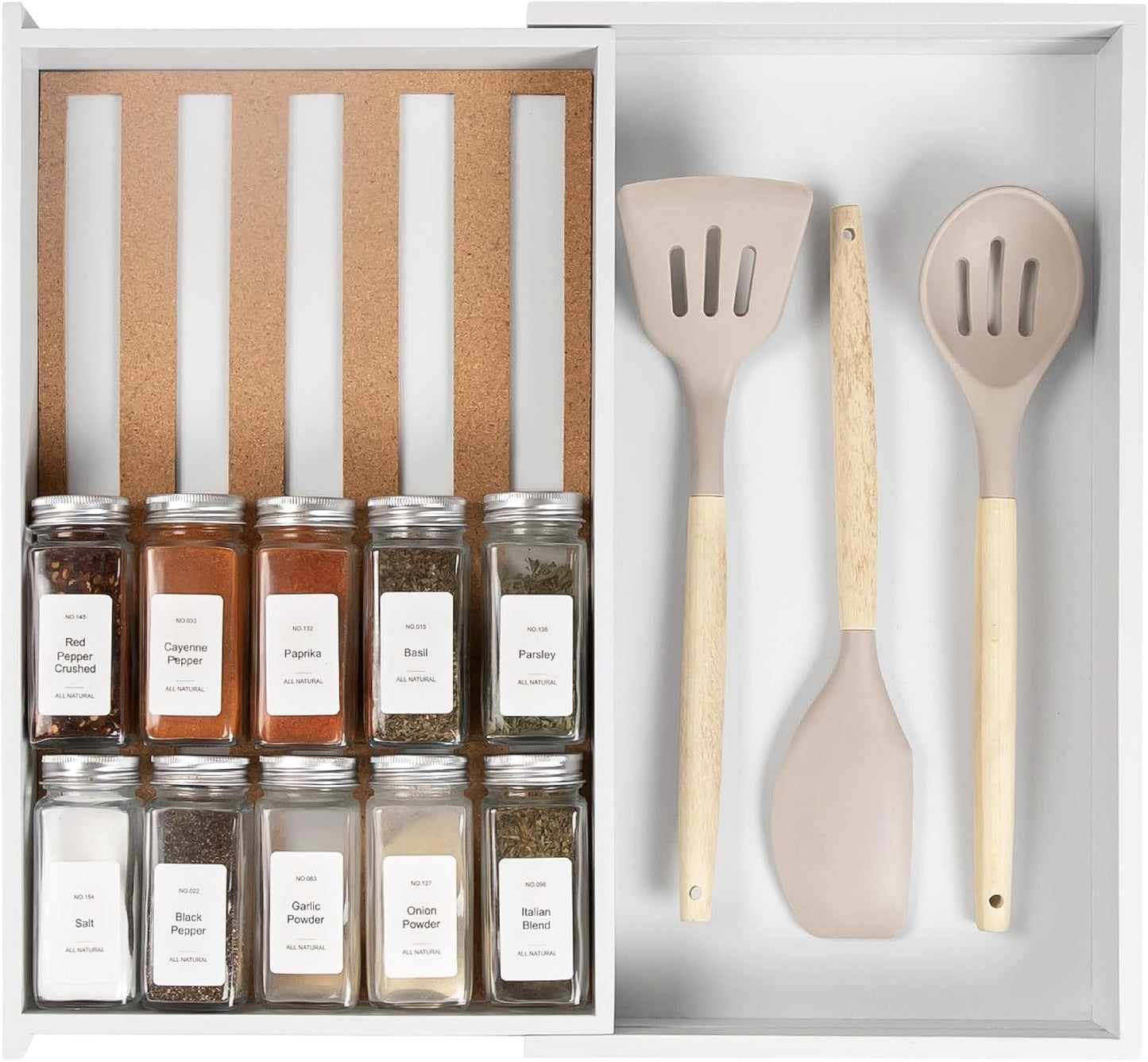 Expandable Spice Drawer Organizer, Bamboo | Holds up to 15 spice jars (not included), non-slip feet, 100% sustainable bamboo wood