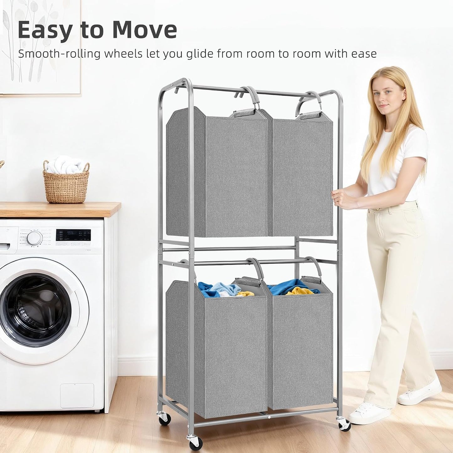 STORAGE MANIAC 2 Tier Vertical Laundry Hamper, 2 Section Laundry Sorter with 2 Removable Tote Bags, Rolling Clothes Basket for Towels, Blankets, Tall Dirty Clothes Hamper for Closet, 2 Bags Gray