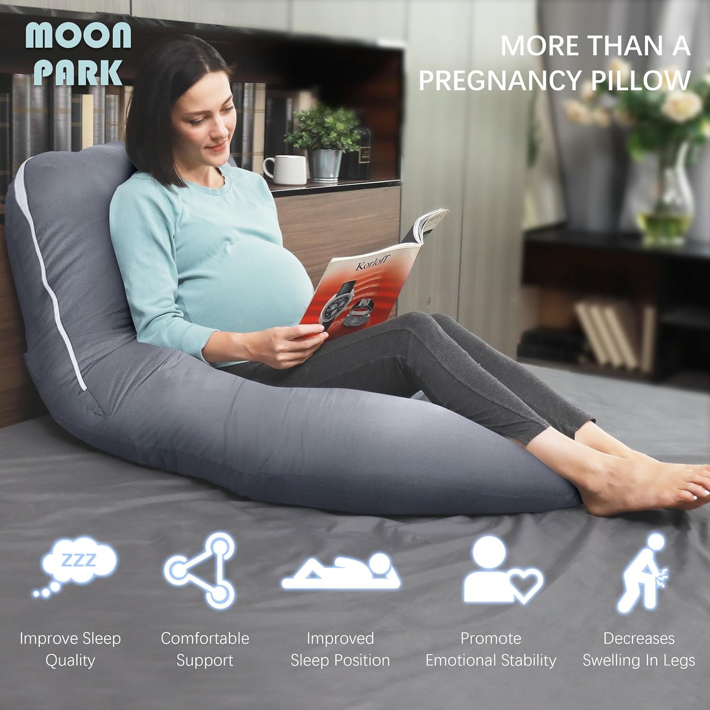 MOON PARK Pregnancy Pillows for Sleeping - 57 Inch U Shaped Full Body Maternity Pillow with Removable Cover - Support for Back, Legs, Belly, Hips - Pregnancy Pillow for Women - Grey
