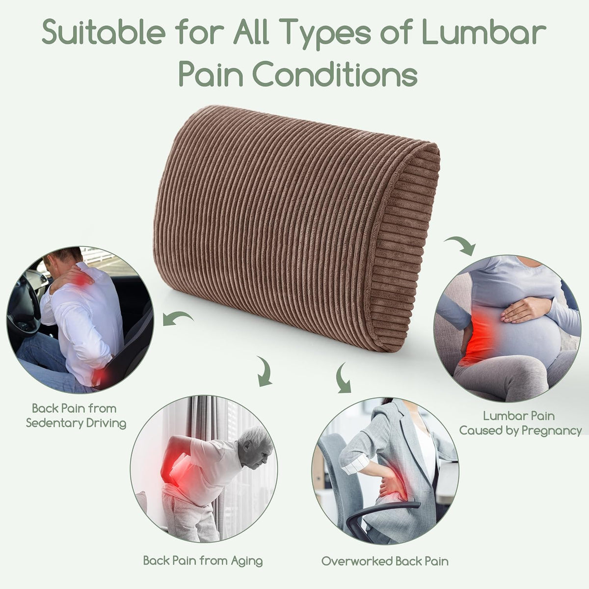 HIGOGOGO Lumbar Support Pillow for Recliner Chair/Accent Chair/Couch, Memory Foam Back Support Cushion for Elderly, Recliner Cushions for Back Rest, Pain Relief, Reading, Washable Cover, Brown