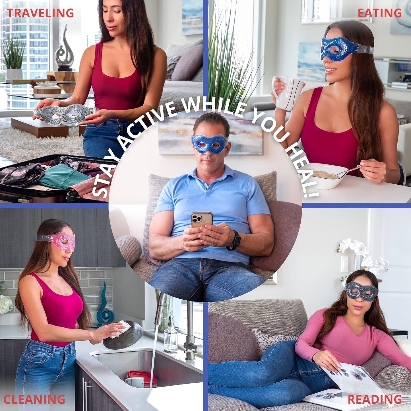 Gel Eye Mask - Hot Cold Compress Eye Therapy Pack | Cooling Mask for Puffy Eyes, Headaches, Dark Circles | Reusable | Ergo Gel Bead (Blue)