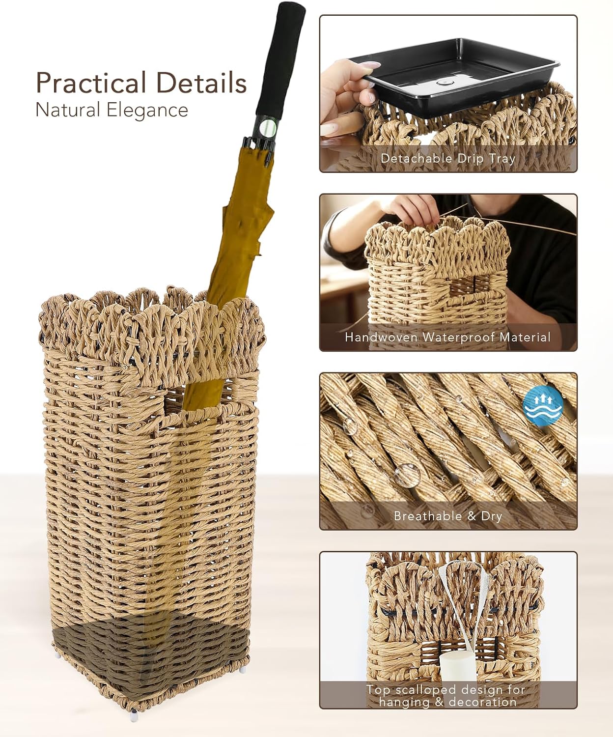 AceList Woven Umbrella Stand for Entryway, PE Rattan with Drip Tray | Scalloped cane holder for umbrellas, walking sticks & wrapping paper, farmhouse porch decor, removable base, sturdy 16.5 inch