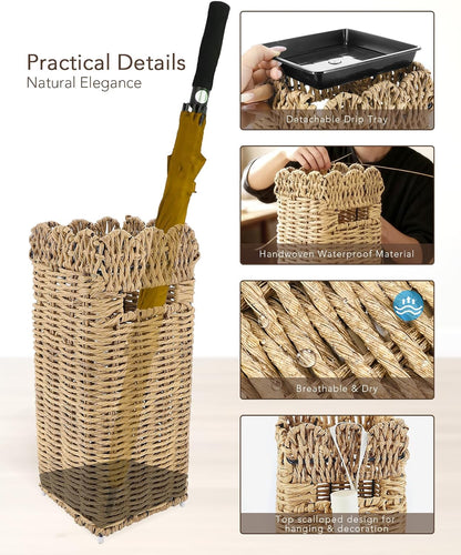 AceList Woven Umbrella Stand for Entryway, PE Rattan with Drip Tray | Scalloped cane holder for umbrellas, walking sticks & wrapping paper, farmhouse porch decor, removable base, sturdy 16.5 inch