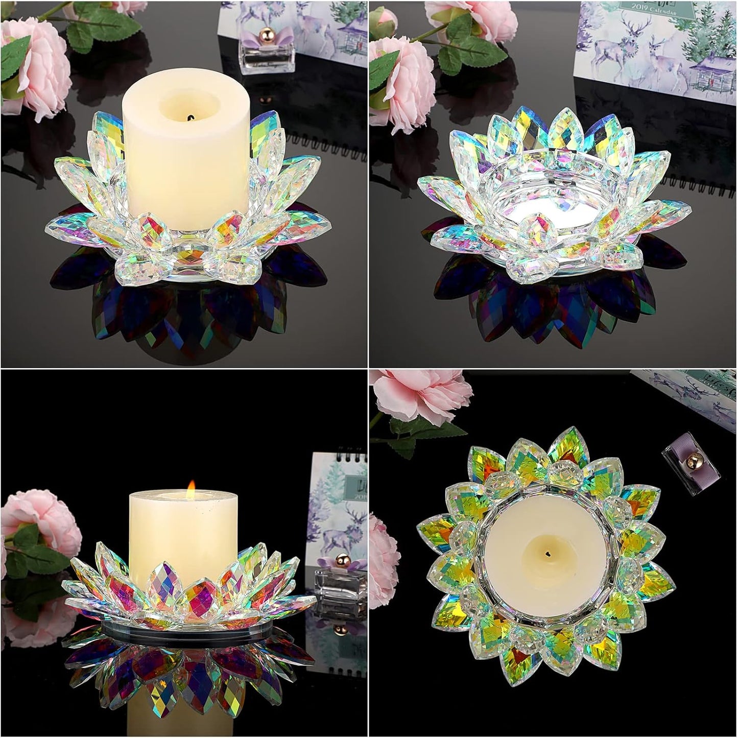 OwnMy Crystal Lotus Flower Candle Holder for Pillar Candles up to 3 Inch | Clear Lotus Flower Pillar Candle Holder Tea Light Holder, Glass Lotus Petal Votive Candle Stand for Wedding Party Home Decors