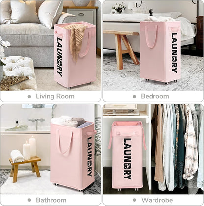 CHICVITA 75L Large Rolling Laundry Basket with Wheels & Wash Bag, Grey | Collapsible design saves space for corner dorms. Removable wash bag for easy laundry transport