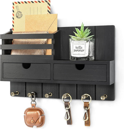 Rebee Vision Key Holder Wall Mount with Shelf for Entryway, Distressed Blue | Modern Mail Organizer, 6 Key Hooks, 2 Drawer Organizer, Key Hanger Home Decor Aesthetic, Apartment Storage Essentials