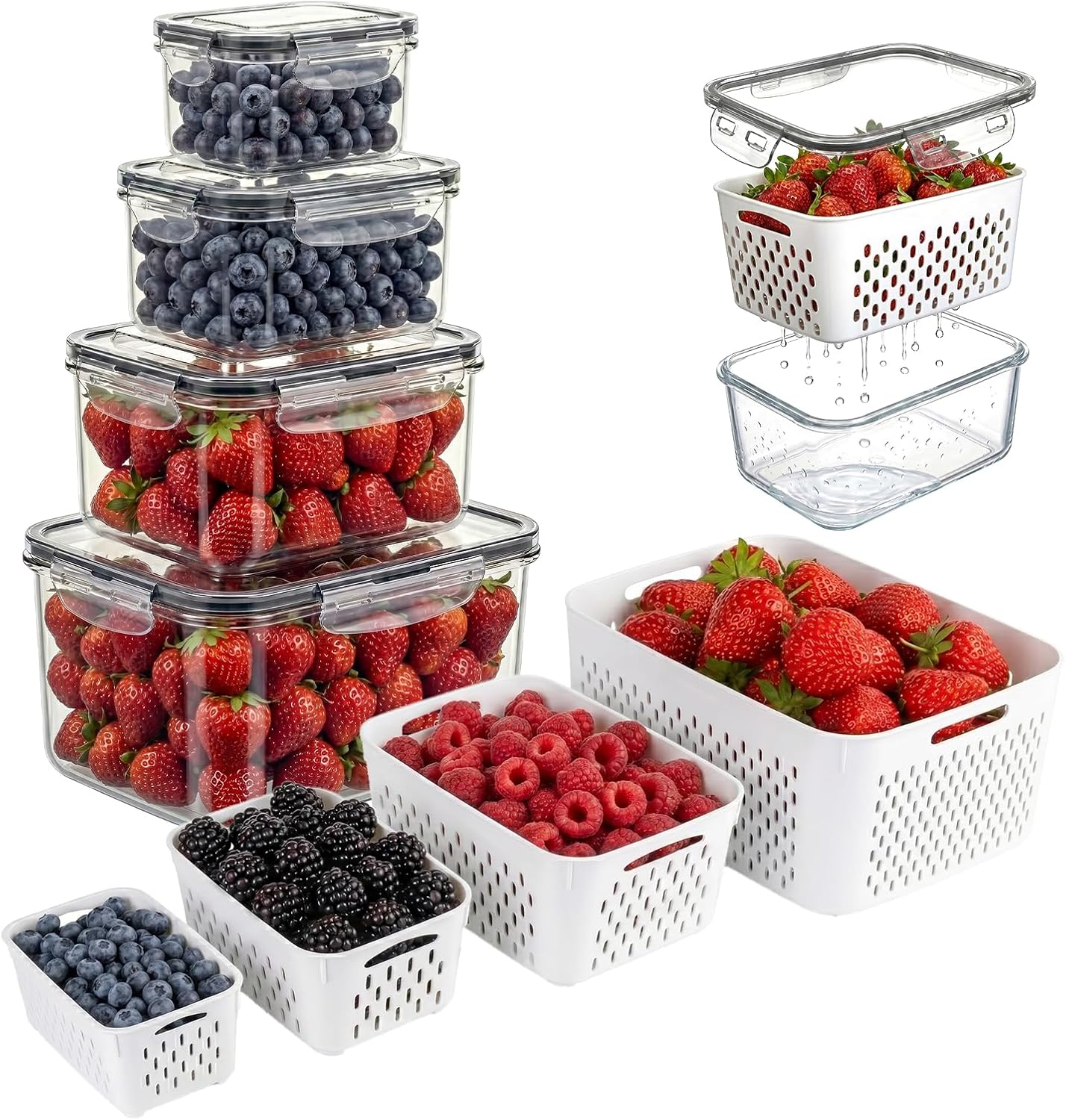 Berry keeper Fruit Storage Containers for Fridge with Removable Colander | 4 in 1 Food Storage Containers with Lids, Dishwasher Safe Easy to Clean, Keep Strawberry and Other Fruit Fresh Longer, 4PCS